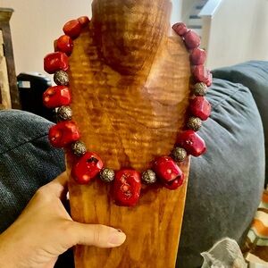 Bold Red Bamboo Coral & Silver beads Statement Necklace